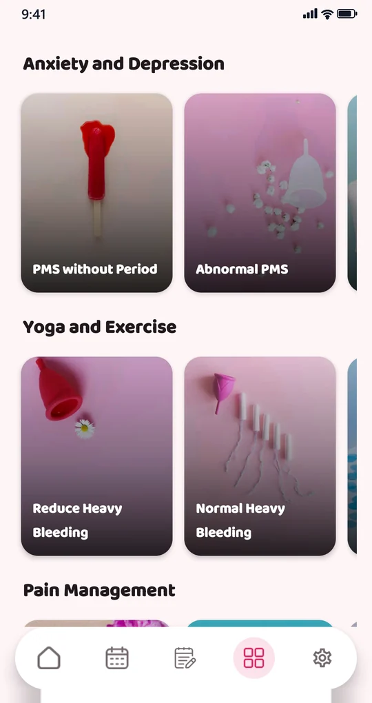 Avenra health guides with article cards grouped into topics such as yoga and exercise