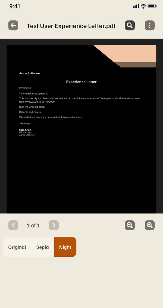 The same PDF shown in night reading mode with light text on a dark page